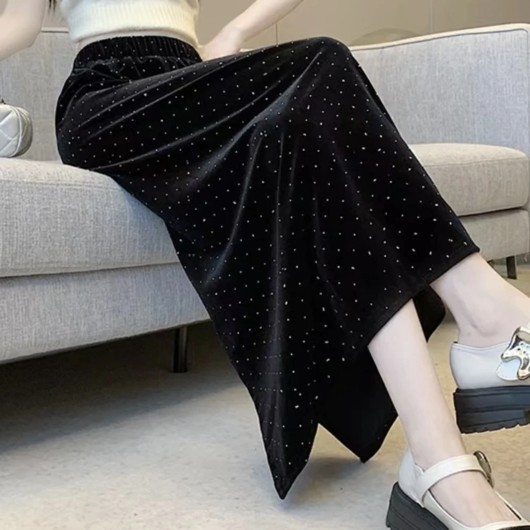 丝绒时尚修身显瘦半身裙韩国绒金丝绒满钻中长裙