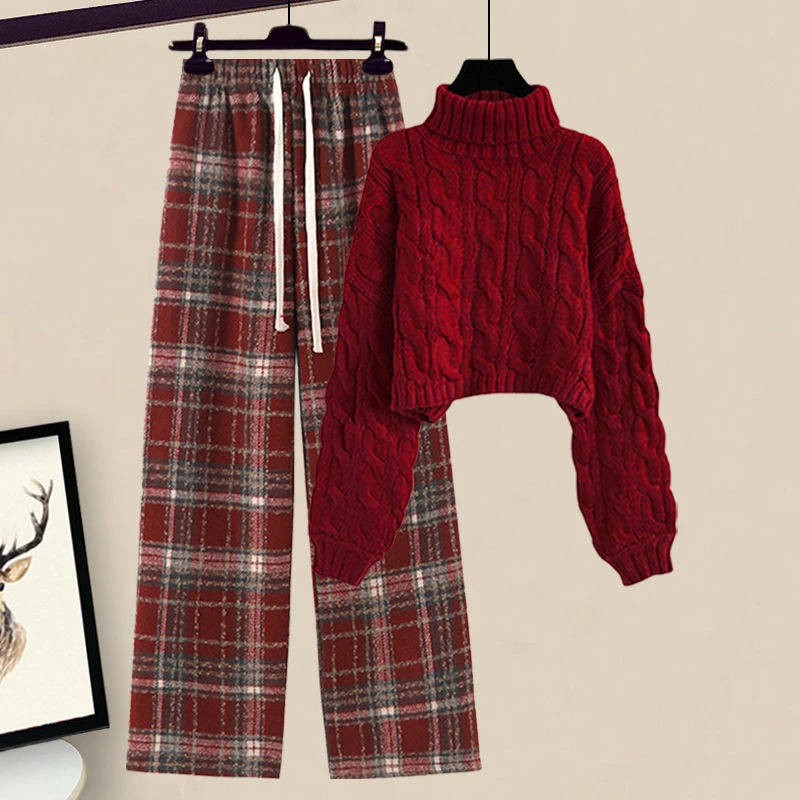 秋冬一整套2024新款韩版红色高领麻花毛衣薄绒格子阔腿裤两件套装