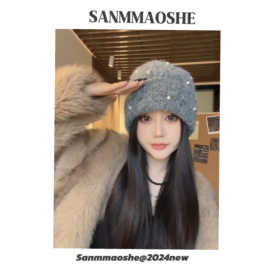 针织帽子加厚秋冬季保暖氛围感针织手工镶珠包头帽子女帽时尚冷帽