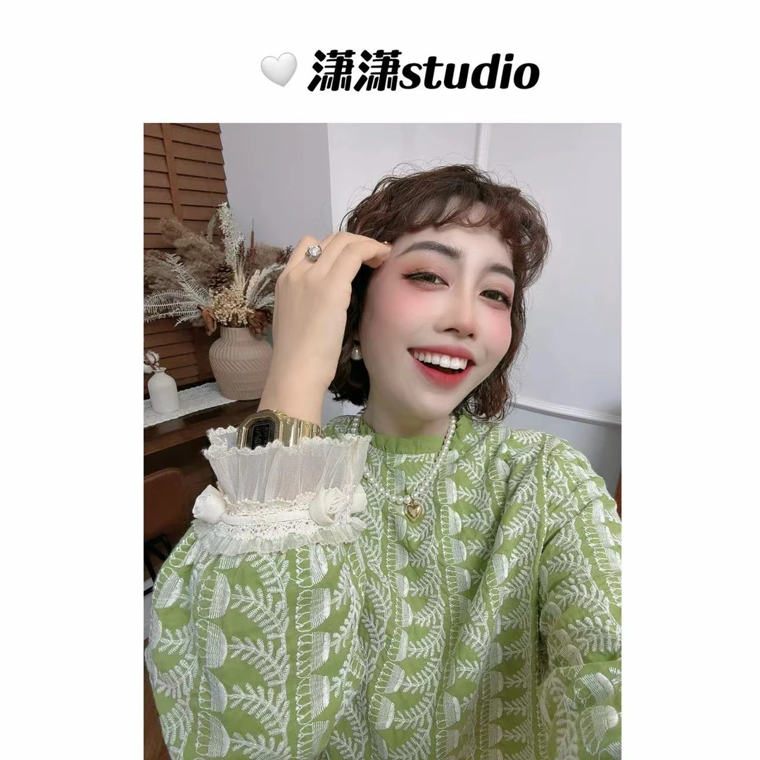 【千金回眸】【加绒】潇潇重工通体刺绣袖口玫瑰花加绒韩系衬衣XM0977