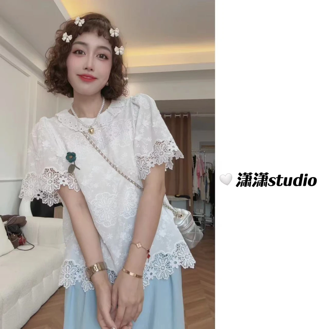 【星夜玫瑰】潇潇自制重工钩花设计翻领刺绣韩系半袖衬衣XS2156