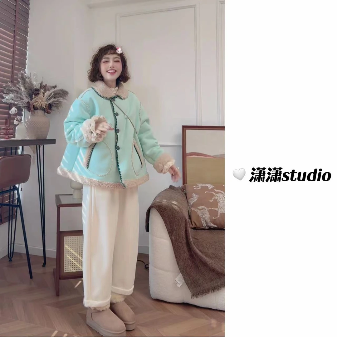 【马卡龙】潇潇自制韩系小翻领加密加厚毛毛冬季保暖外套XS2252