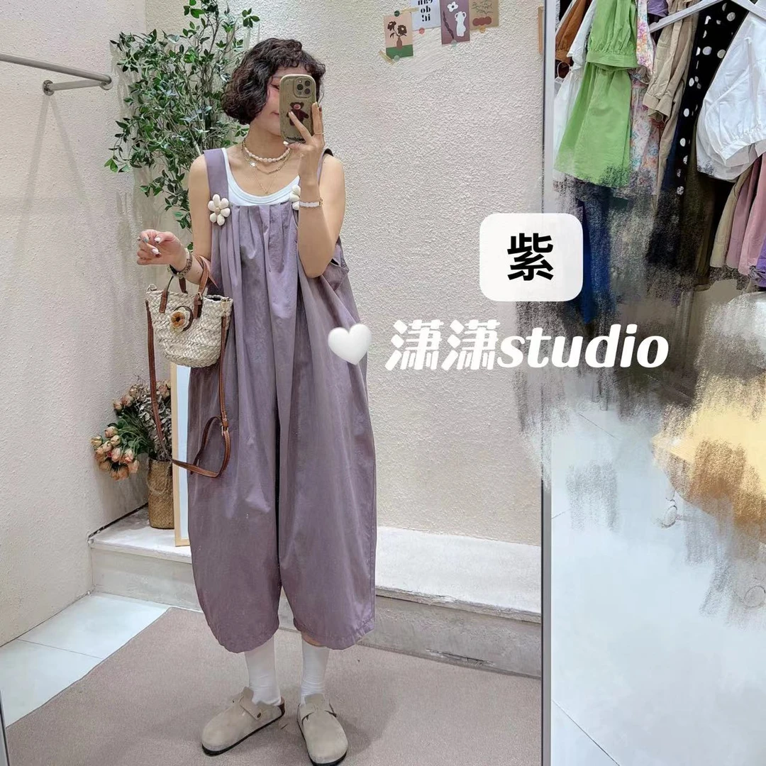 【可里可爱】胸前褶皱两面穿超肥八分背带裤R83237（带花朵）