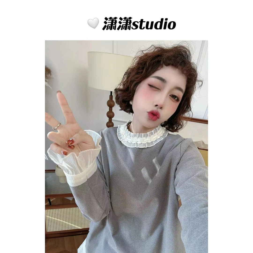 【下摆花边打底】潇潇手工钉珠领口下摆花边设计韩系打底衫XS2282