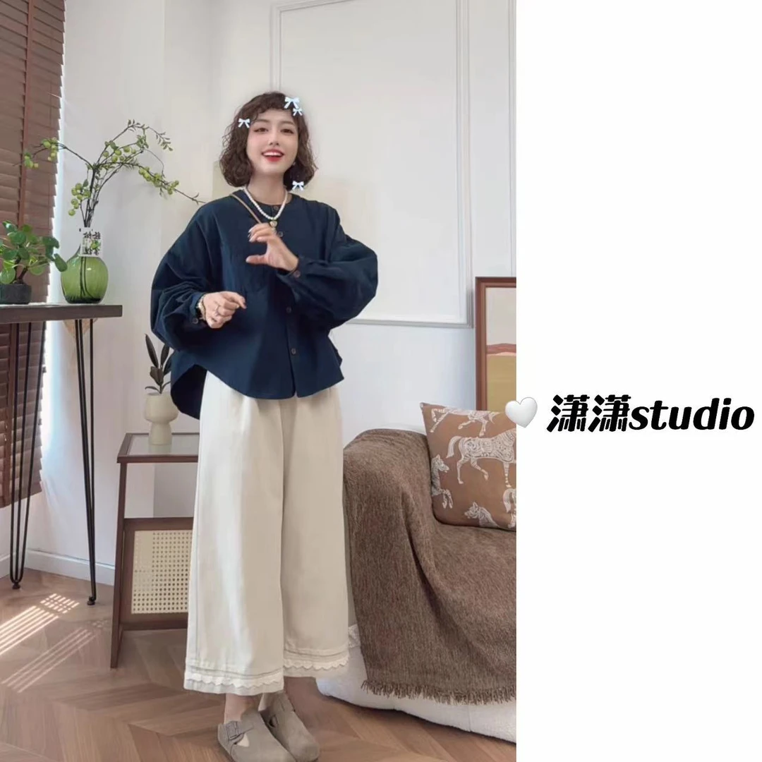 【小格调】潇潇自制圆领拼接泡泡袖极简风磨毛面料衬衣XR85877