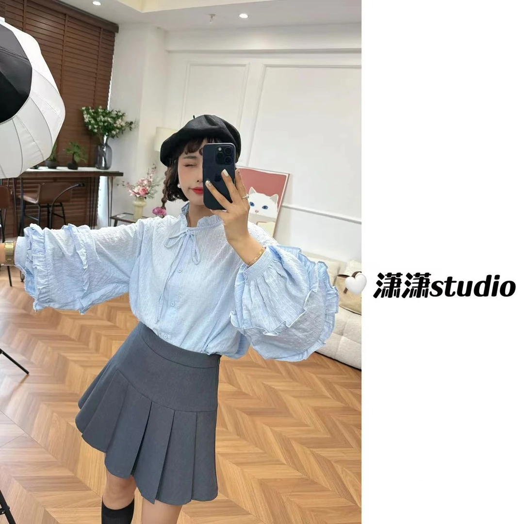 【海盐季风】潇潇自制大泡泡袖木耳边小立领韩系百搭衬衣XS2183