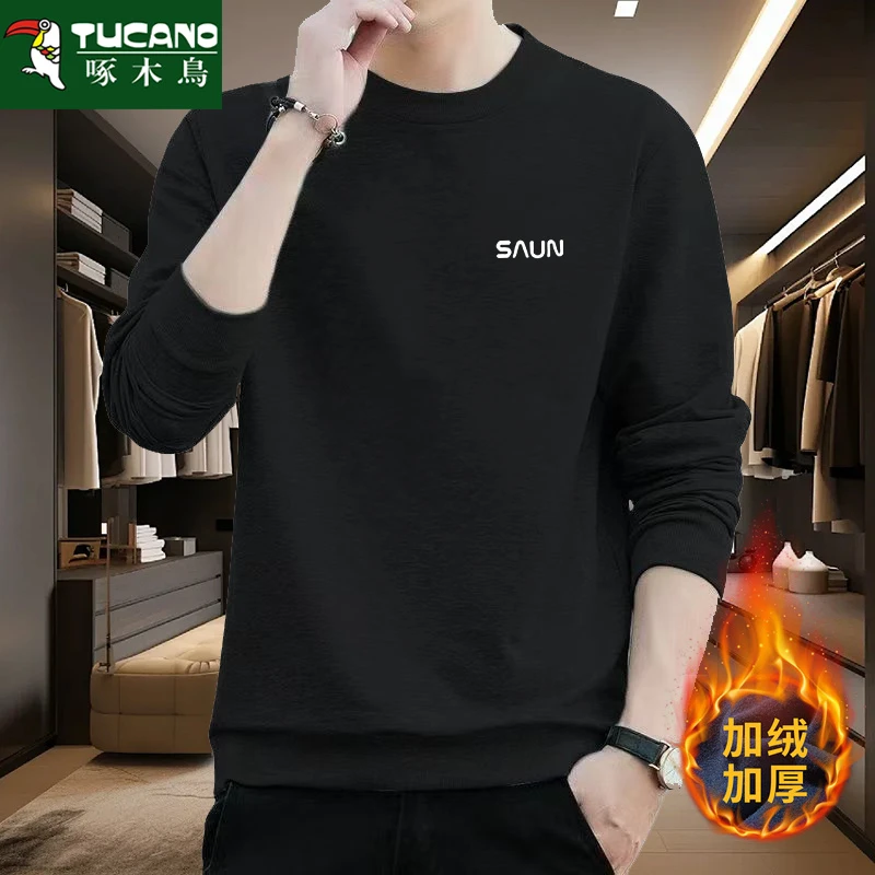 啄木鸟男士秋冬加绒加厚款潮流卫衣圆领印花运动百搭长袖套头衫男