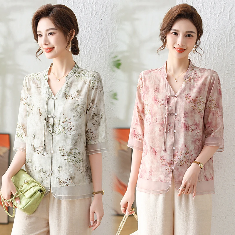 新中式妈妈夏装短袖上衣2024新款小衫洋气宽松中老年女休闲