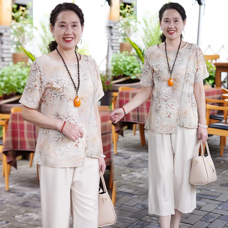 妈妈夏装套装洋气50岁中老年女人夏季大码短袖T恤雪纺上衣两件套