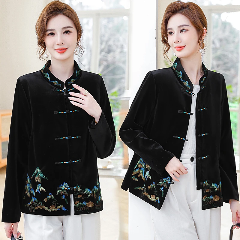 中老年女装春秋上衣服2024新款妈妈秋装外套新中式国风金丝绒外套