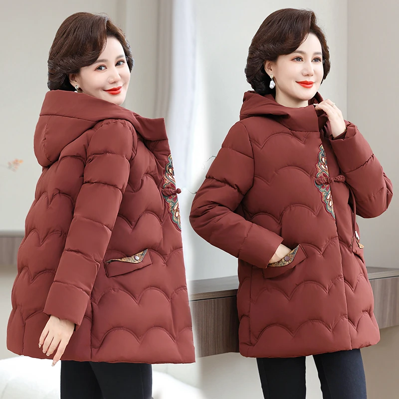中年妈妈冬季外套中长款加厚棉服中老年洋气高贵时尚连帽棉衣