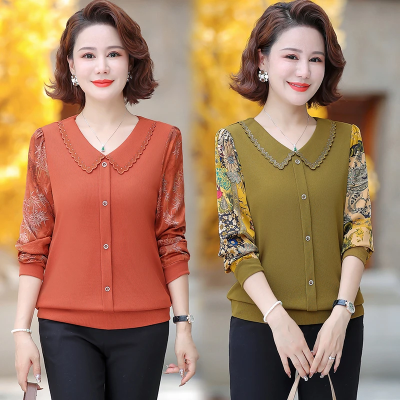 妈妈秋装长袖T恤新款针织上衣翻领中老年女装春秋洋气宽松打底衫