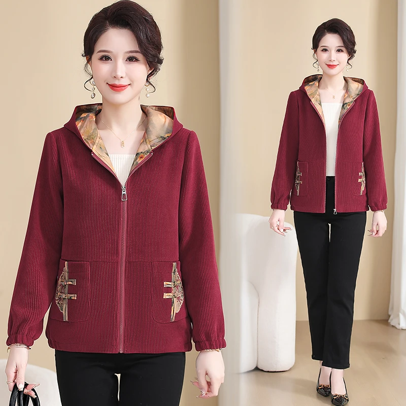 妈妈秋装灯芯绒外套时尚新款中年妇女上衣气质中老年人春秋夹克衫