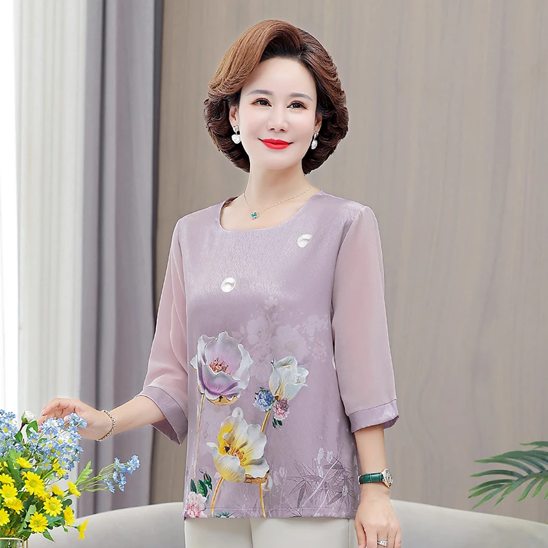 妈妈春夏七分袖雪纺衫新款洋气中年女装小衫短袖t恤上衣薄款衬衫