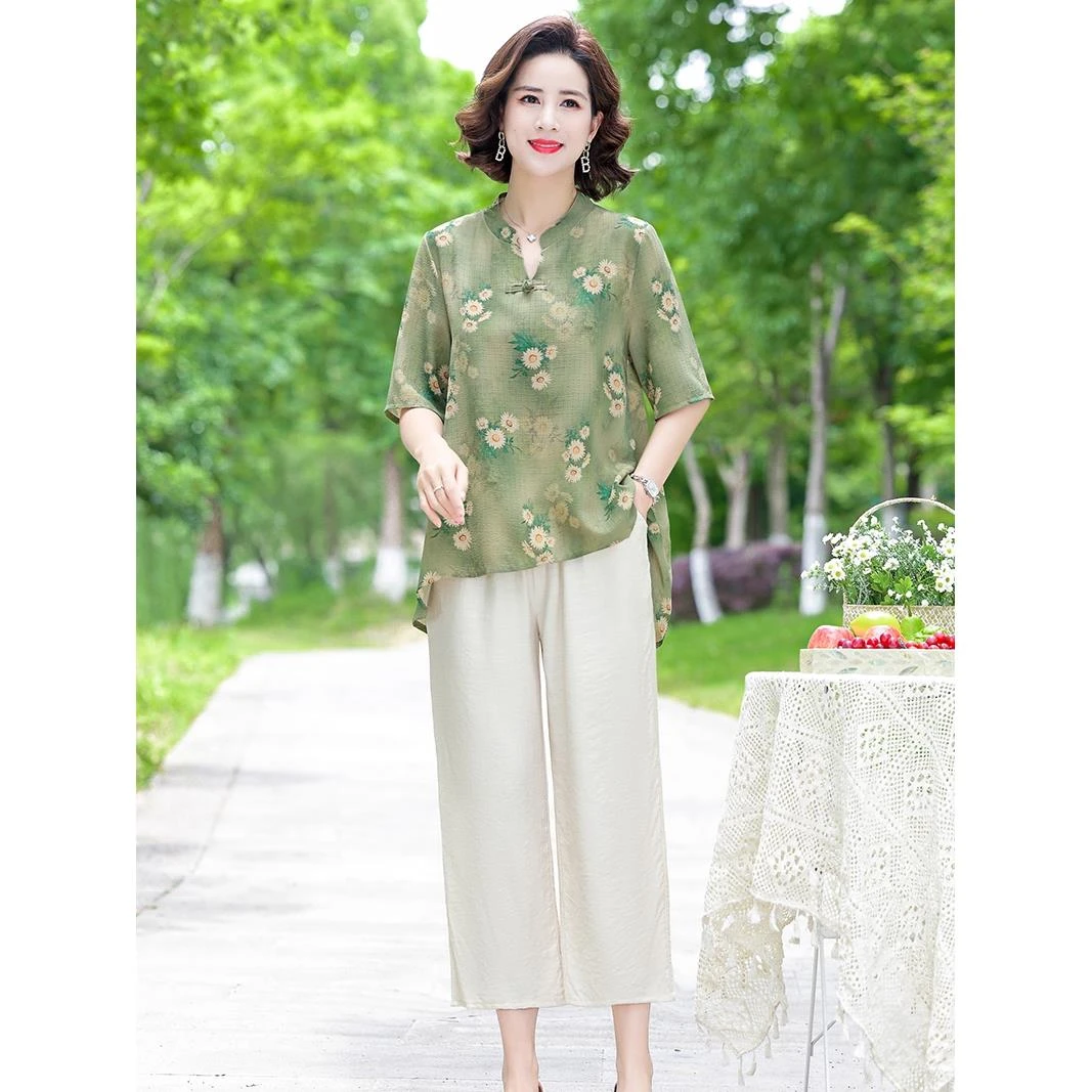 中年妈妈夏装棉宽松大码套装中老年女装夏季新款气质短袖上衣服