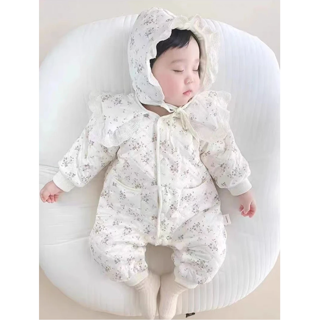 新款冬款碎花薄棉加绒哈衣带帽子可爱洋气女宝外出服