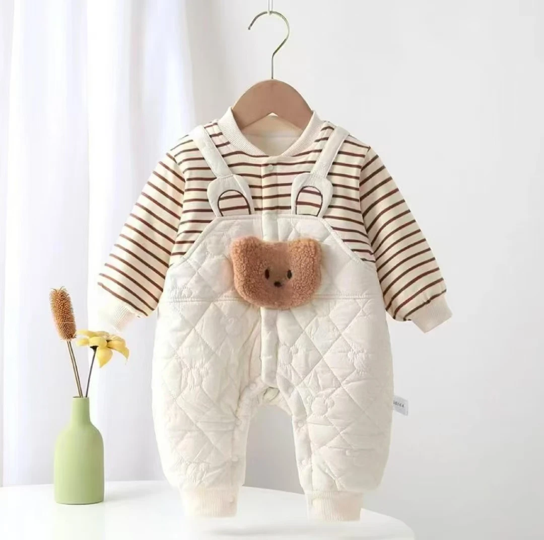 假两件连体条纹拼接薄棉婴幼儿男女宝宝薄夹棉连体爬爬服