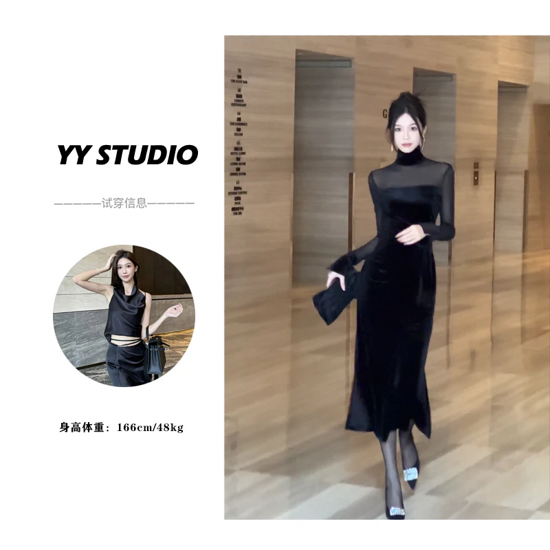 【YY STUDIO】法式显瘦气质轻奢优雅高级定制丝绒拼纱连衣裙