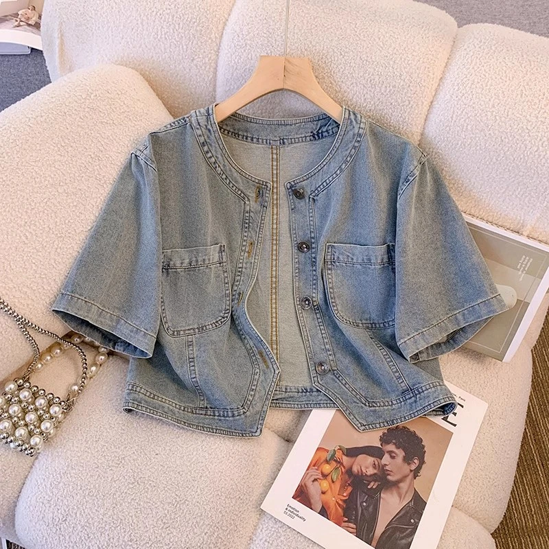 新中式薄款牛仔外套女夏季新款设计感短款时尚洋气不规则短袖上衣