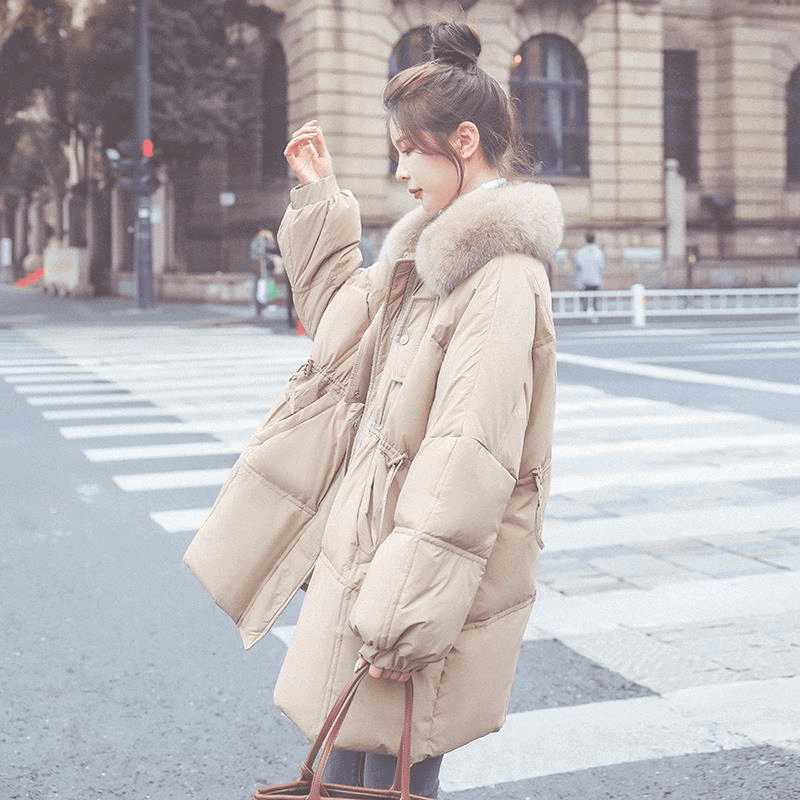 中长款卡其色羽绒服女秋冬2024新款高级感带毛领宽松保暖加厚外套