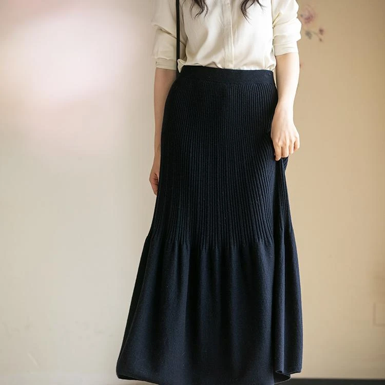 牧衣游原创 进口澳毛羊绒混织半裙修身显瘦黑色鱼尾半身裙女 舟荷