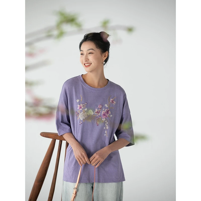 牧衣游原创汉麻棉机绣短T恤女新款圆领宽松休闲百搭短袖上衣 游仁