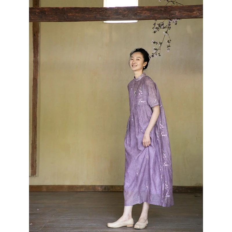 牧衣游原创炒色丝棉匹绣紫色新款减龄禅意文艺气质长裙  月寻人