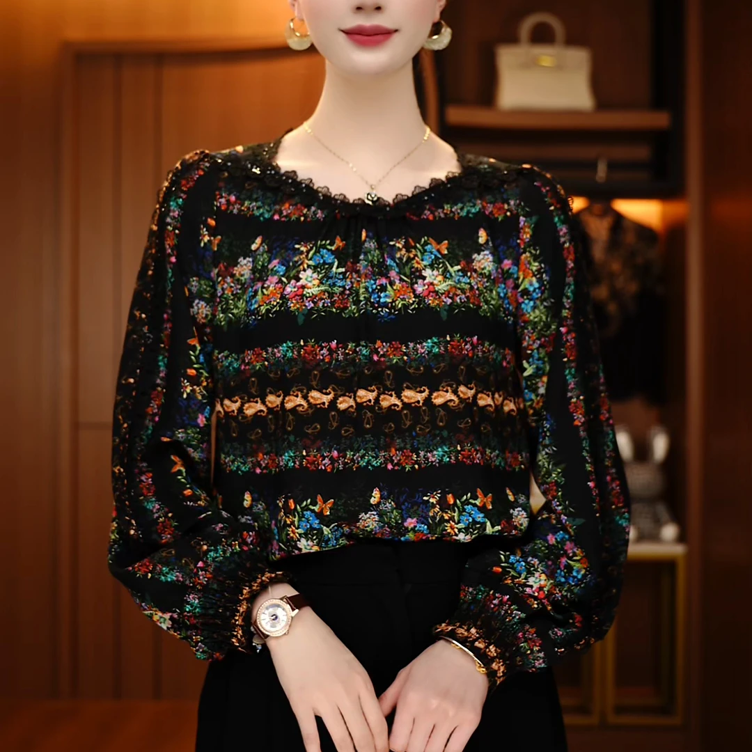 初凰 新款琉璃双皱丝洋气时尚百搭显瘦休闲气质印花女士长袖上衣