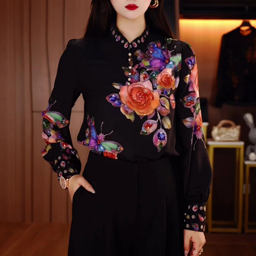 初凰 新款琉璃双皱丝洋气时尚百搭显瘦休闲气质印花女士长袖上衣