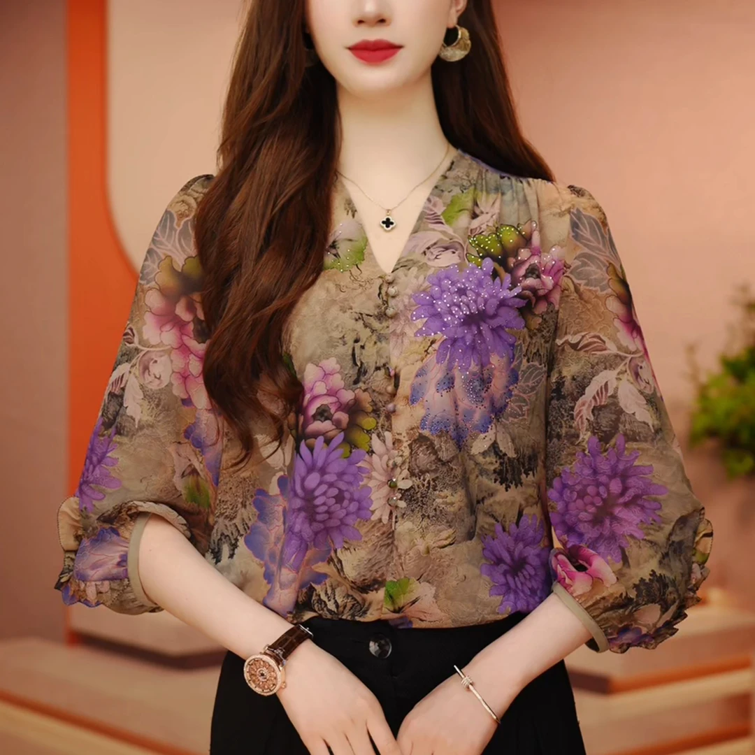 F240353-春新款琉璃双皱丝时尚洋气百搭显瘦休闲气质印花国风小衫