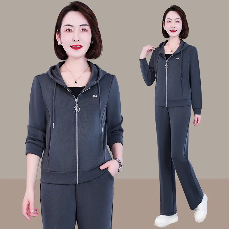 恩狐中老年女秋季新款休闲运动套装中年妈妈春秋遮肉显瘦三件套装