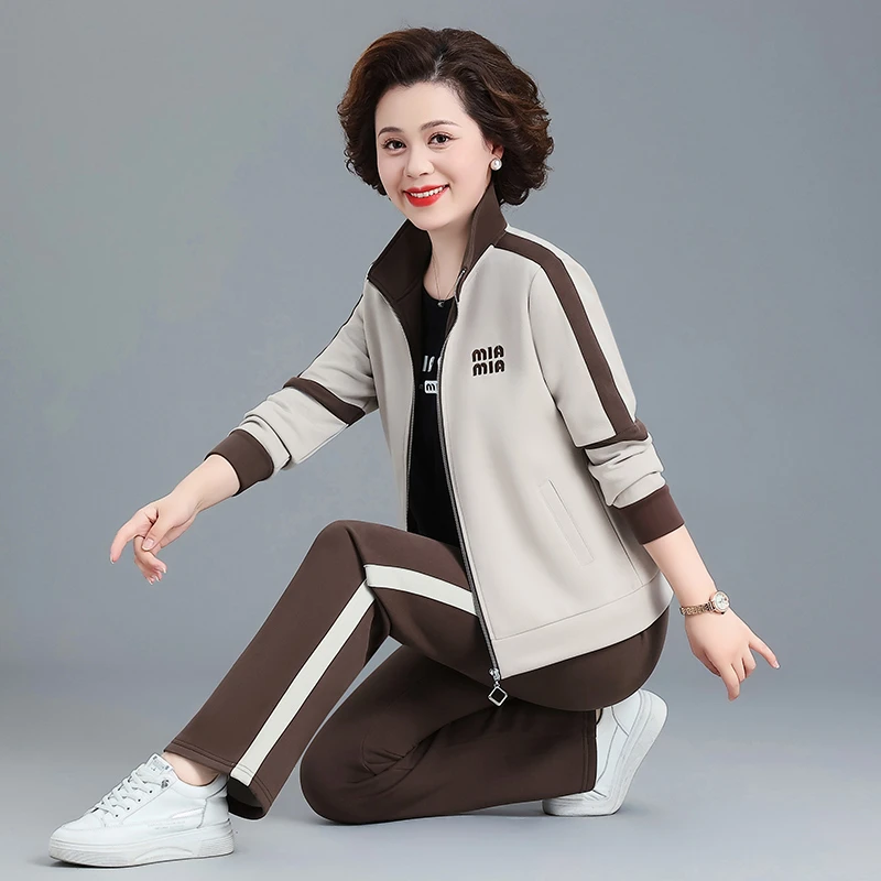 恩狐中老年运动套装女洋气妈妈装宽松显瘦休闲旅游外套三件套秋