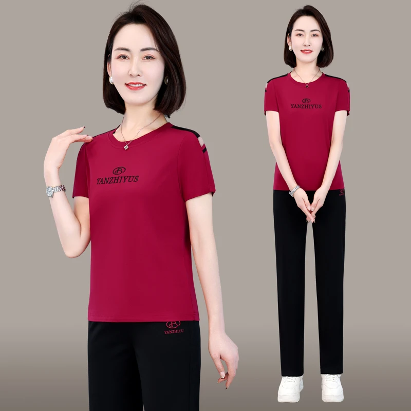 恩狐中年母亲妈妈夏装运动服套装2024夏新款中老年女短袖两件套薄