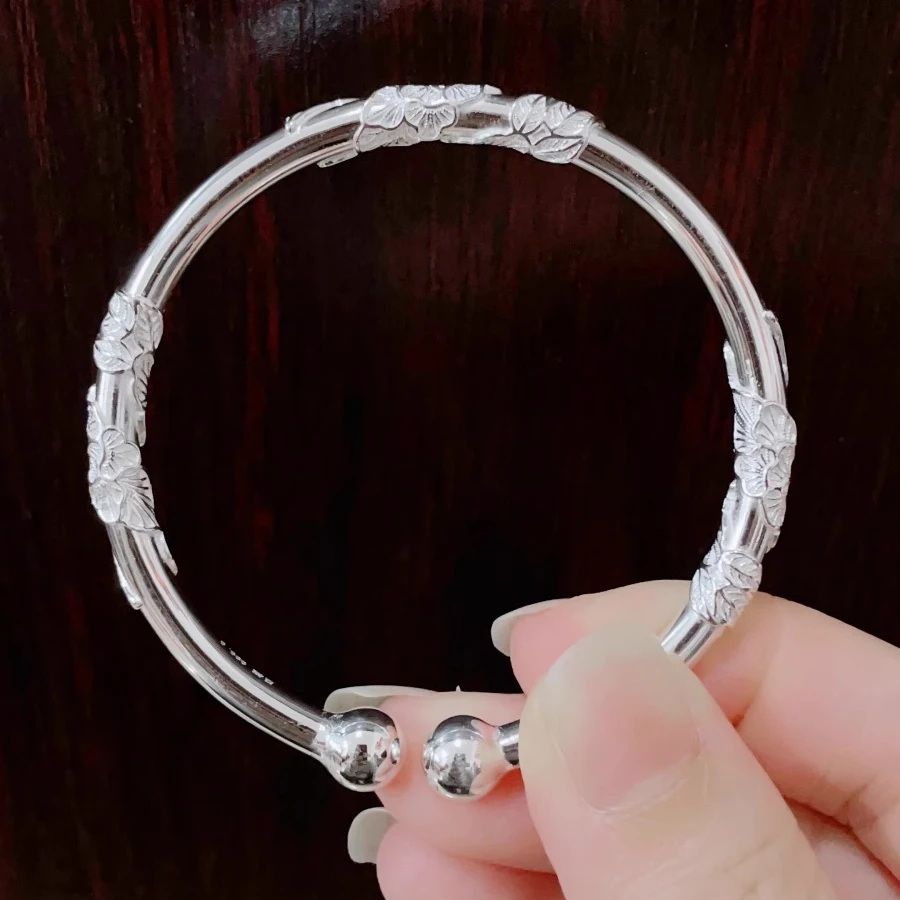 足银手镯 【D60】足银999.9繁花似锦实心对珠开口款手镯