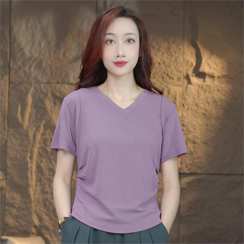 V领时尚百搭双收腰宽松显瘦短袖女T恤百搭设计感简约夏季上衣
