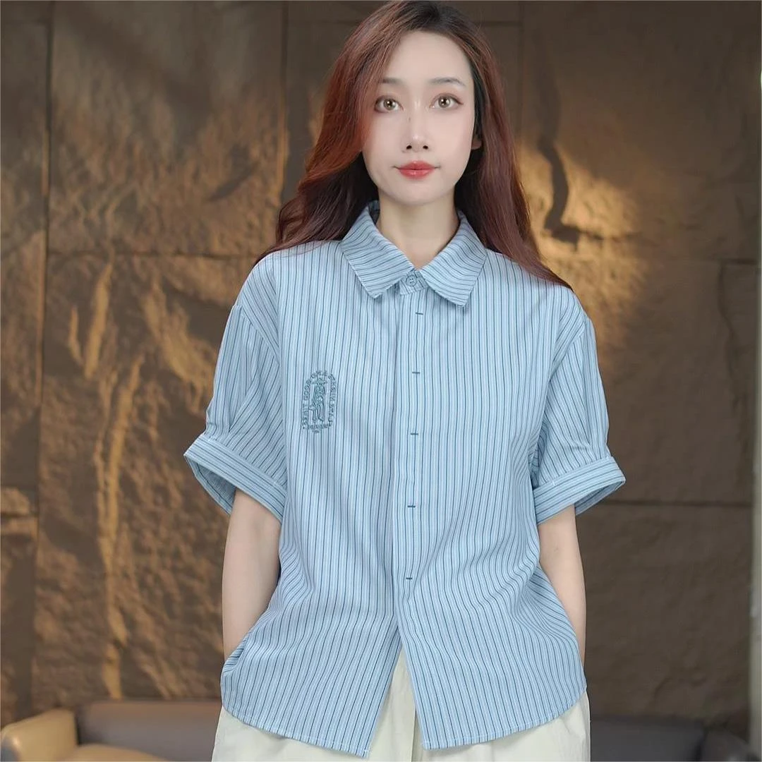 夏季新款百搭刺绣设计条纹时尚衬衫