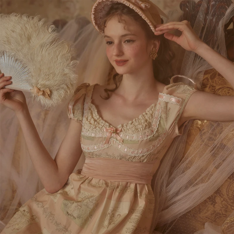 LaceMade 安妮的故事书 法式宫廷风帝政裙印花蕾丝连衣裙棉质