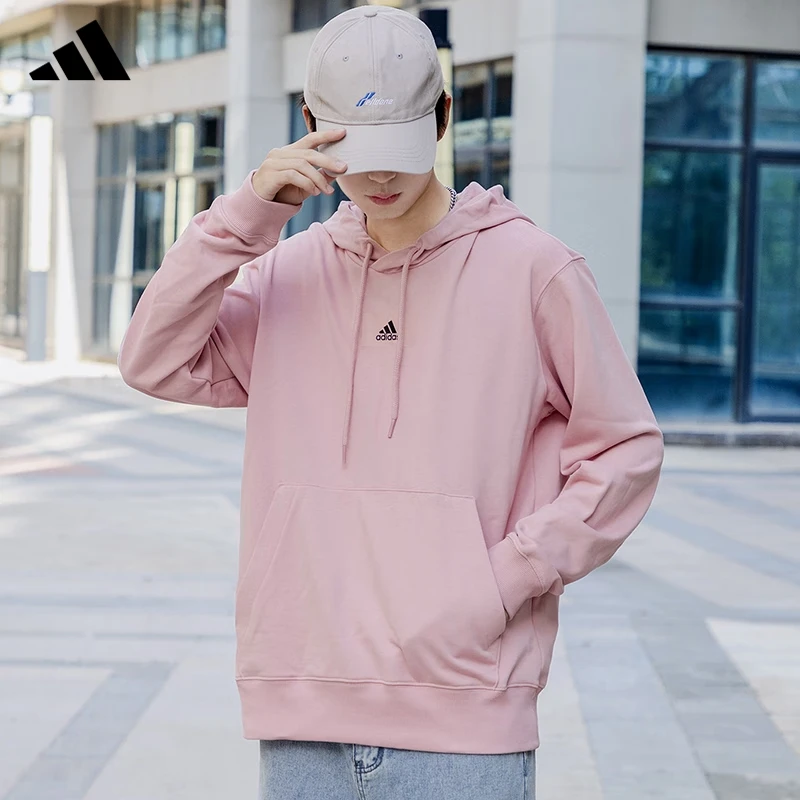 Adidas阿迪达斯粉色卫衣男女冬季情侣连帽运动服宽松套头衫HE4348
