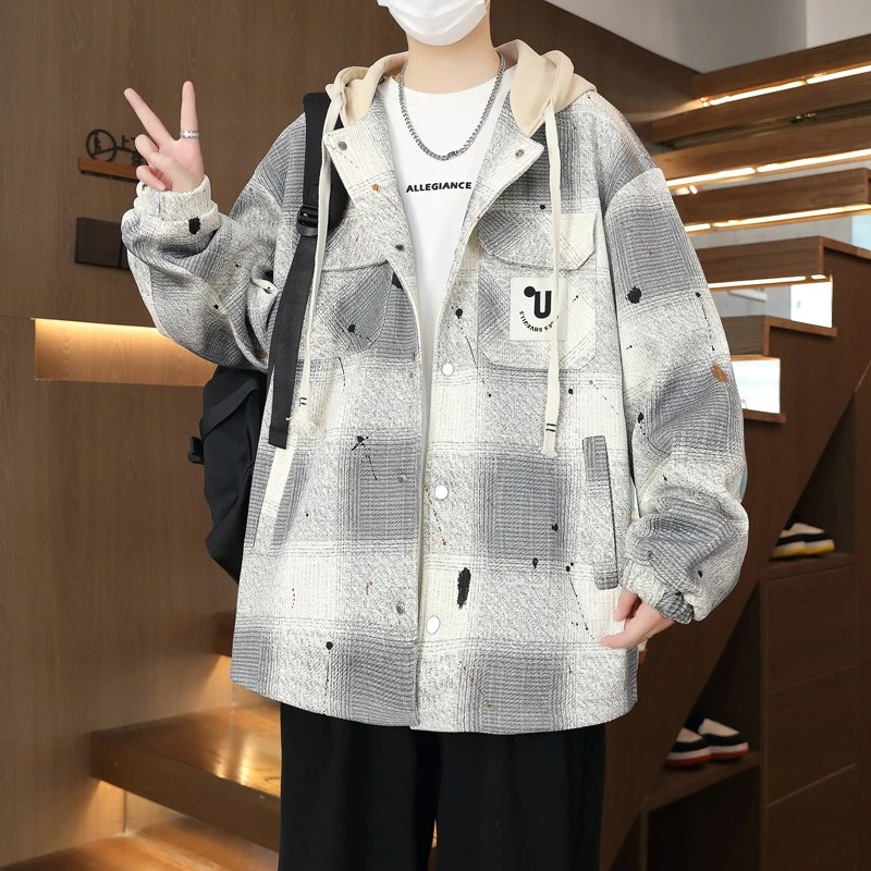 青少年学生连帽男夹克2025春季新款港风潮流宽松休闲帅气格子外套