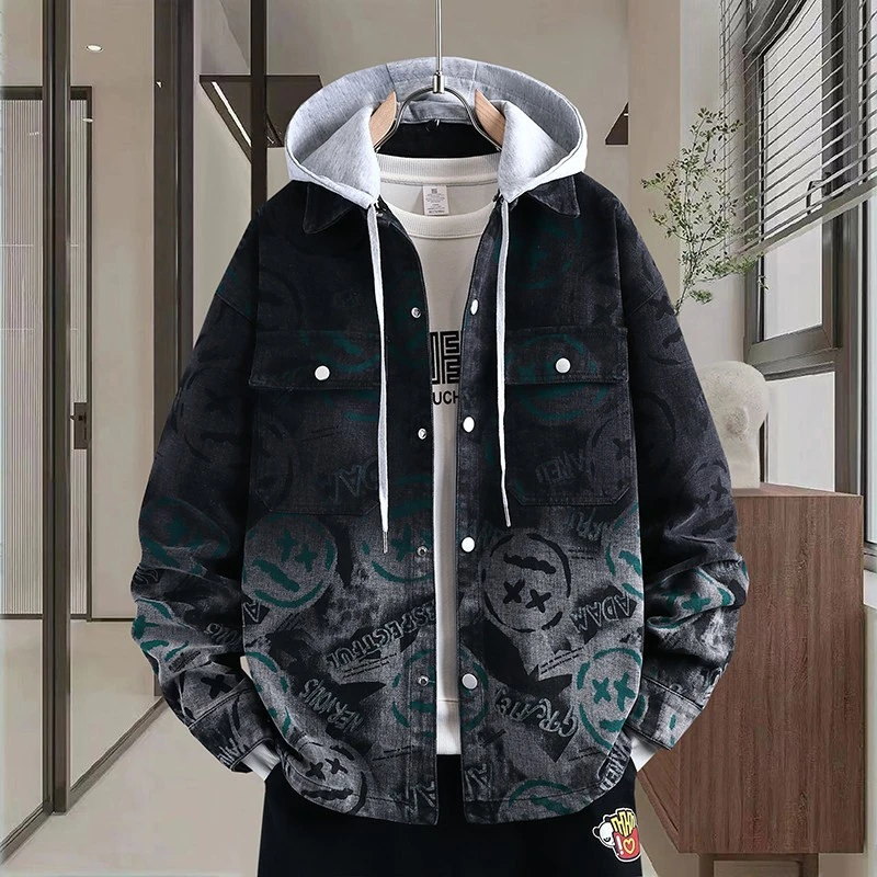 假两件牛仔外套男2025秋冬新款可脱卸帽夹克青少年加绒加厚褂子