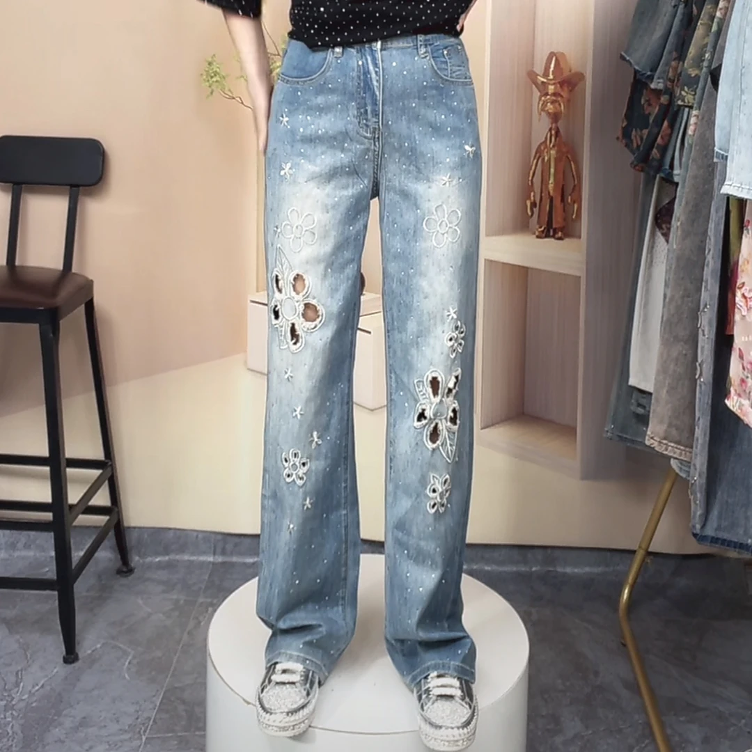 新中式高腰镂空牛仔裤子女款薄款2025夏新款直筒裤托地裤