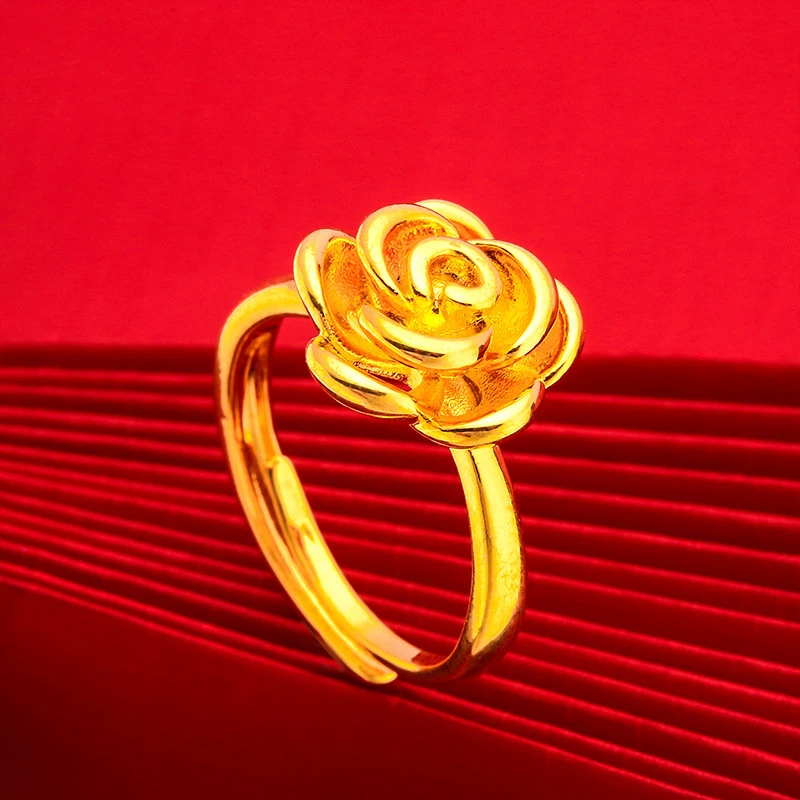 铜合金戒指 金色玫瑰花戒指花朵款节日礼物送妈妈可调节不掉色
