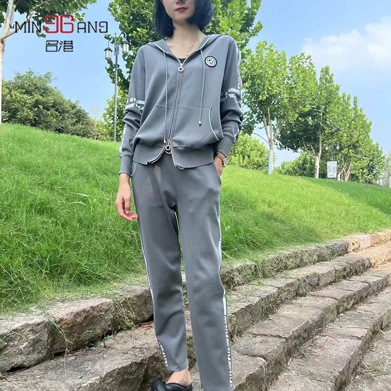 名港MFR22033高品质双面双织抽绳连帽双拉链运动套装洋气两件套