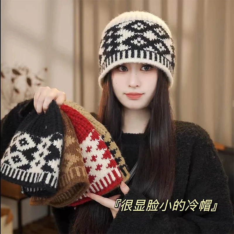 【复古粗针织渔夫帽】冬新款拼色毛线水桶帽显脸小百搭冷帽子女百搭