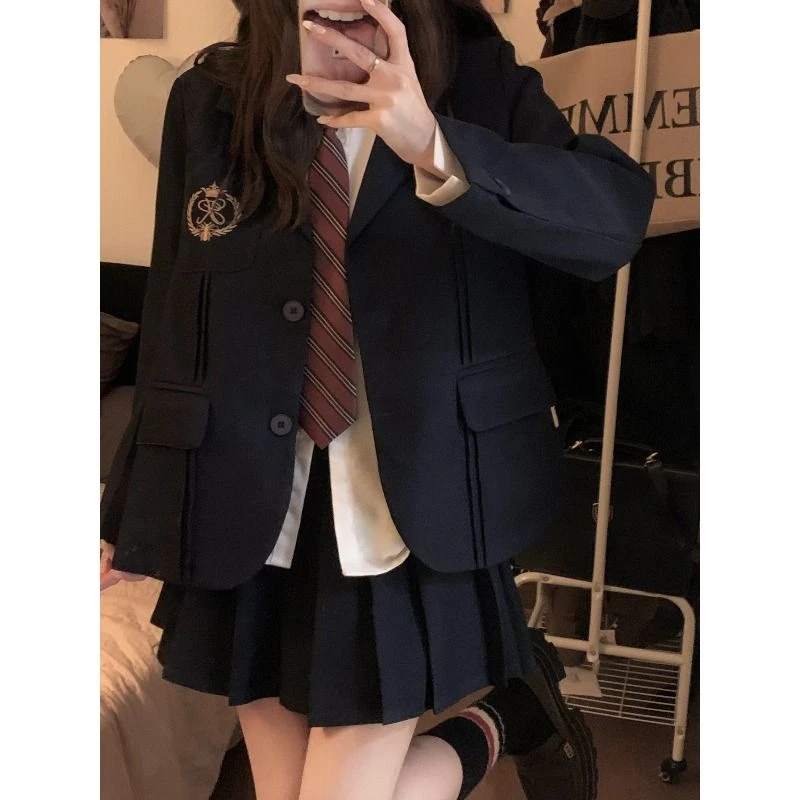 美式学院风西装外套女春秋新款百搭气质长袖西服上衣单/三件套装