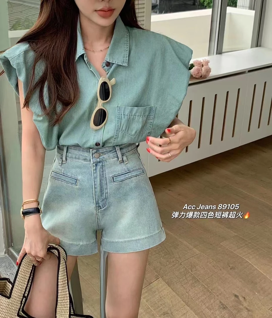 【喜桃牛仔】SML6891高腰显瘦弹力直筒阔腿A字牛仔短裤女时尚百搭