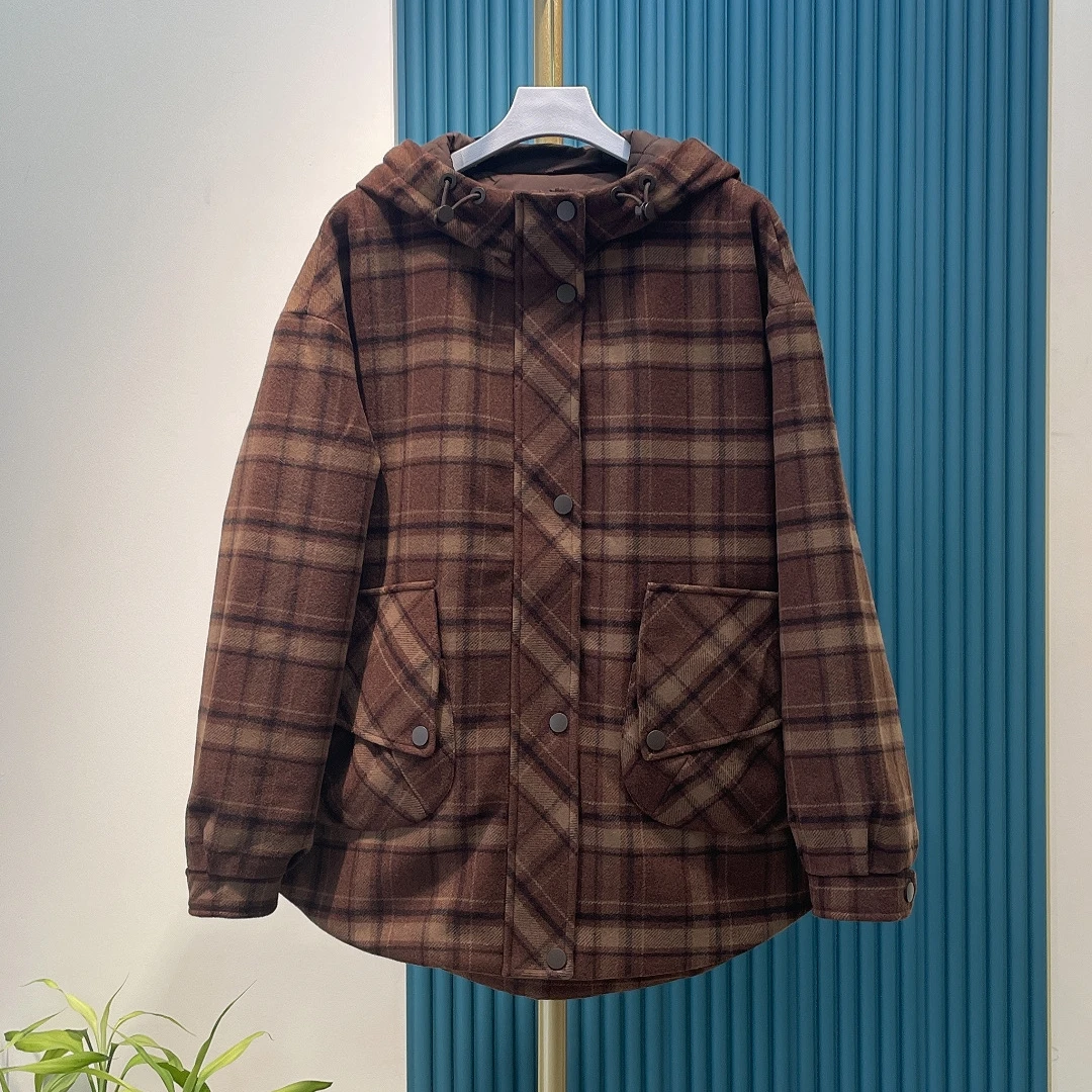 水淼/24秋冬 新款时尚休闲百搭复古连帽拼接格子棉服 39478