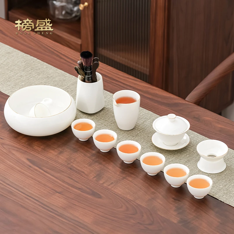 榜盛羊脂玉功夫茶具套装家用客厅轻奢泡茶办公室会客高档白瓷茶杯