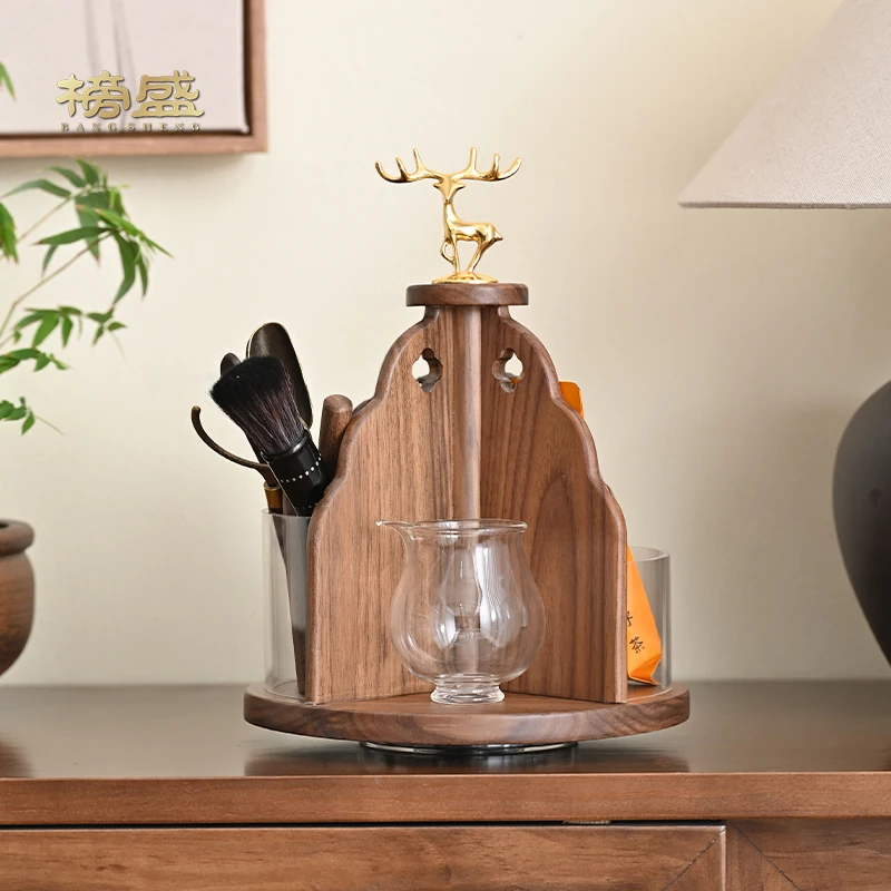 榜盛黑胡桃木茶杯收纳架茶壶茶具置物架新中式多宝阁桌面小博古架