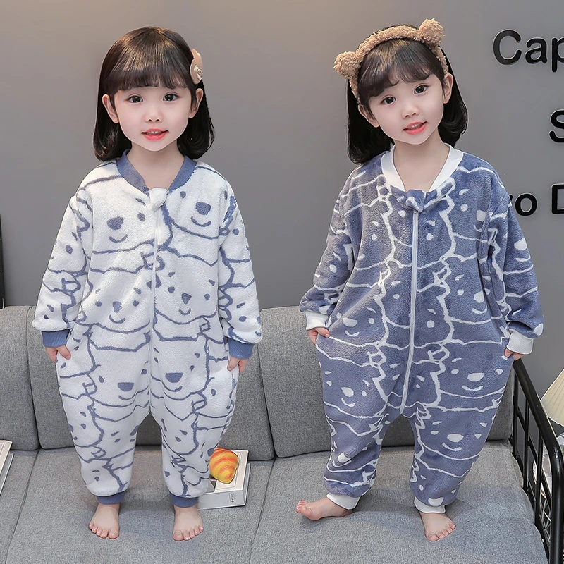 女童睡衣秋冬法兰绒连体小童卡通保暖防踢家居服睡袋宝宝珊瑚绒冬